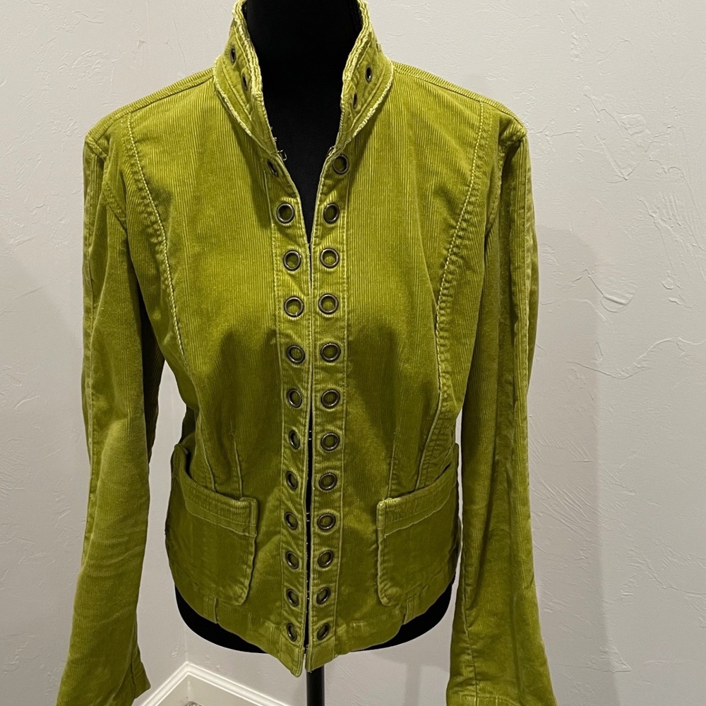 Chico's Green Corduroy Grommet Jacket Chartreuse Military Stretch Size 0 Small